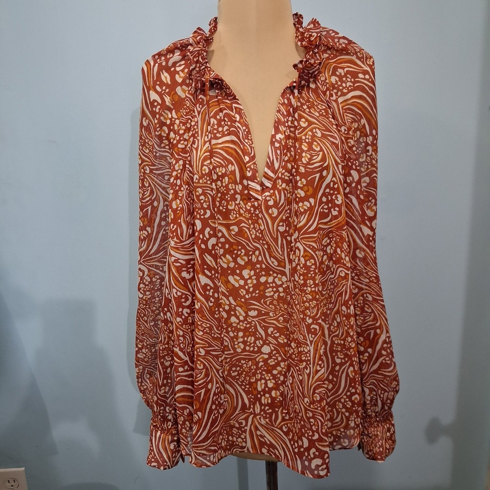 Anthropologie Orange Abstract Swirl Ruffle Neck Sheer Blouse Womens xL